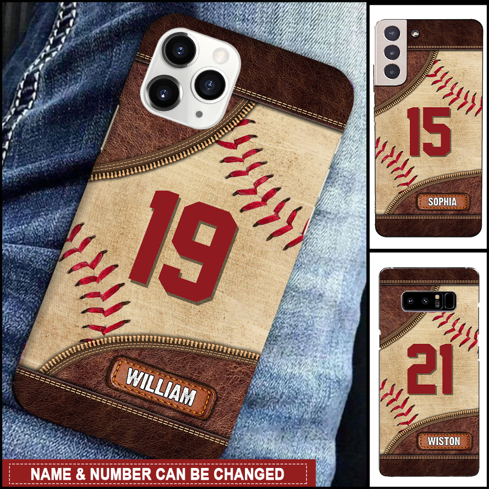 Baseball Player Sport Lover Custom Name And Number Leather Background Phone case