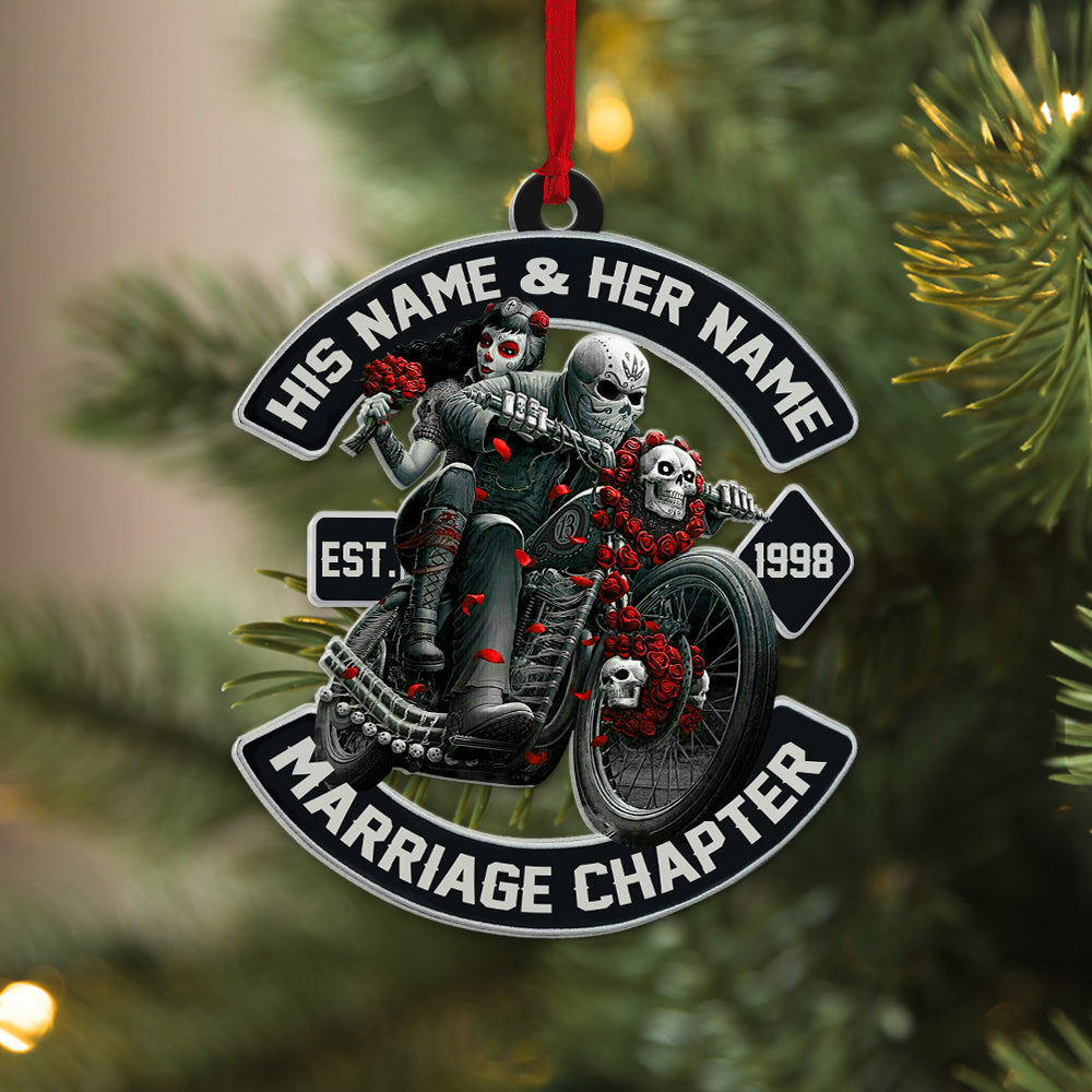 Marriage Chapter Personalized Biker Skull Couple Ornament, Christmas Tree Decor