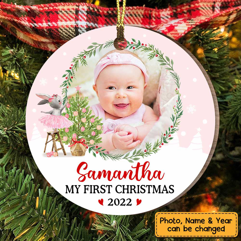 Personalized Pink Baby First Christmas Bunny Photo Circle Ornament