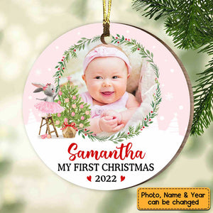 Personalized Pink Baby First Christmas Bunny Photo Circle Ornament