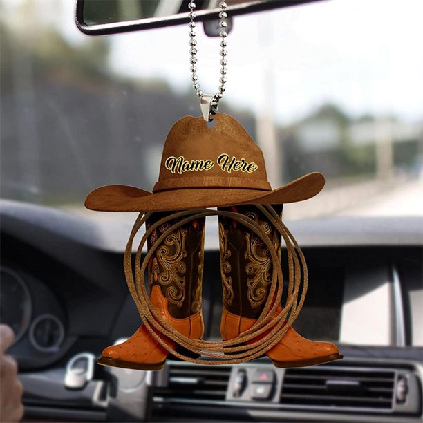 Personalized Vintage Cowboy Riding Whip, Hat And Boots Car Hanging Ornament