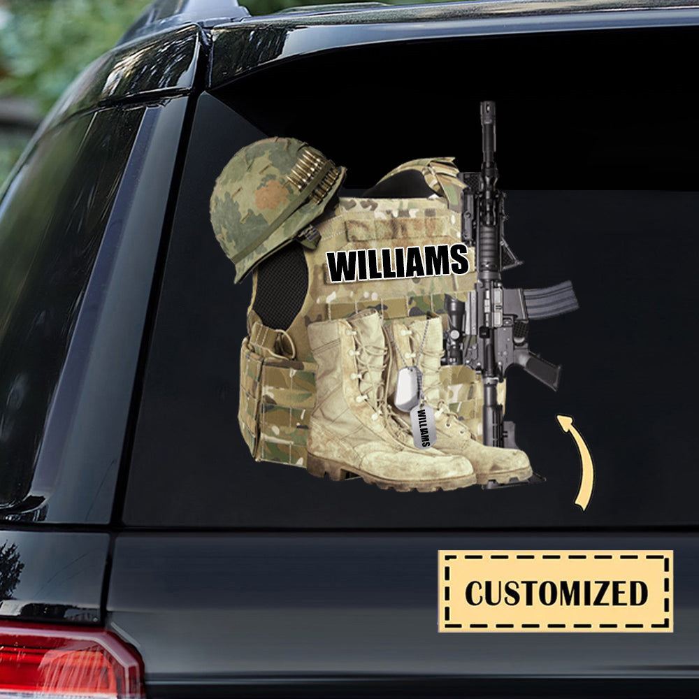 VETERAN BOOTS, BULLETPROOF VEST, HELMET AND GUN Personalized Car Decal