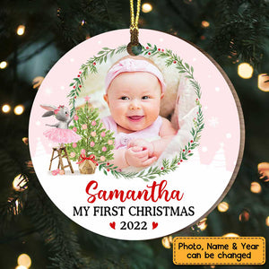 Personalized Pink Baby First Christmas Bunny Photo Circle Ornament