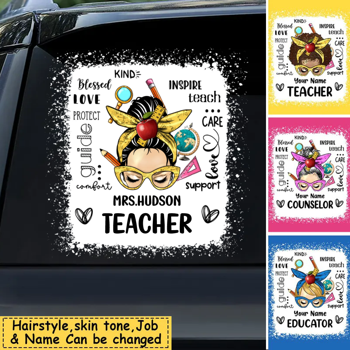 Messy Bun Teacher Typography Personalized decal