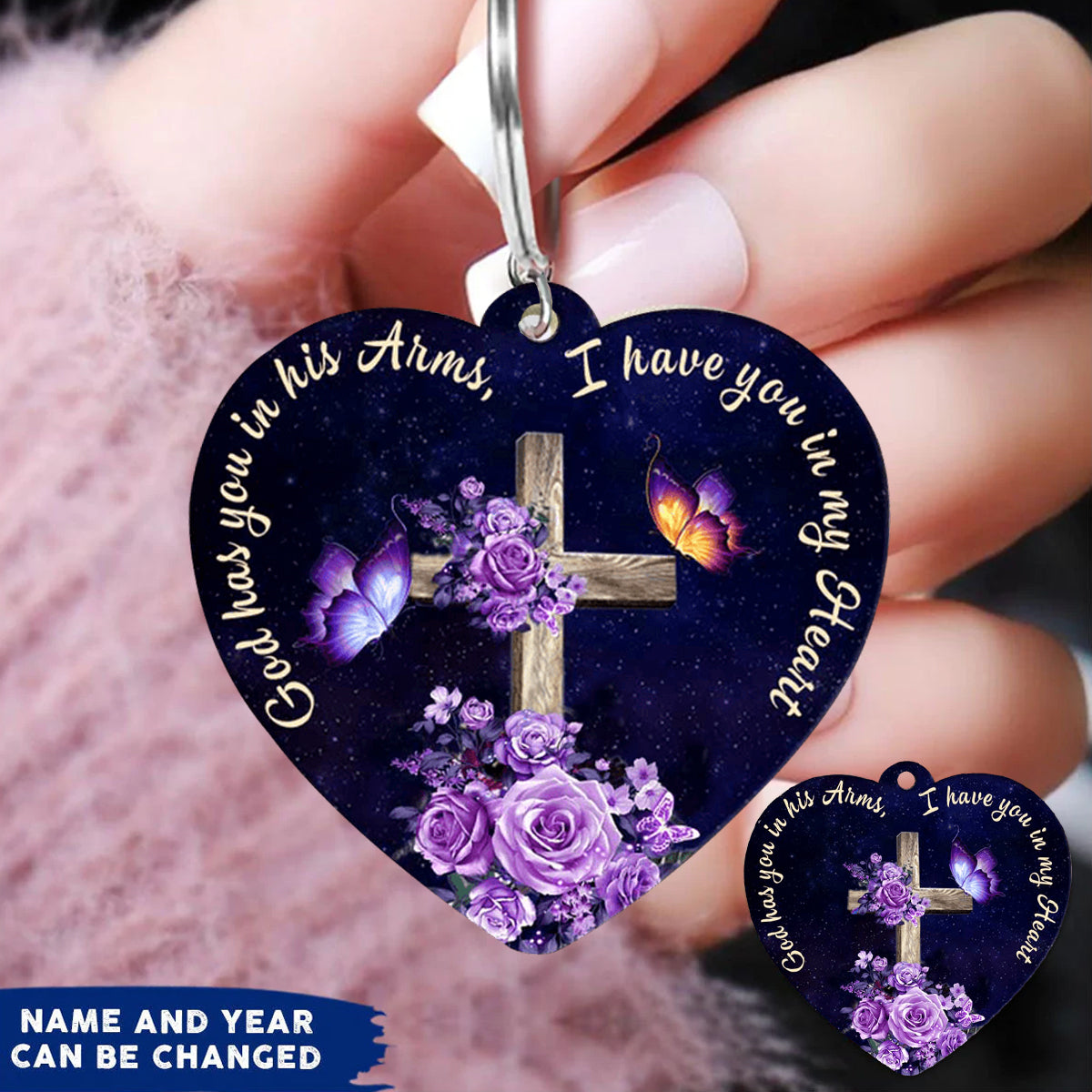 Memorial Gift, God Has You In His Arms, I Have You In My Heart Personalized Keychain