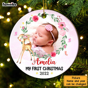 Personalized Baby First Christmas Photo Deer Circle Ornament