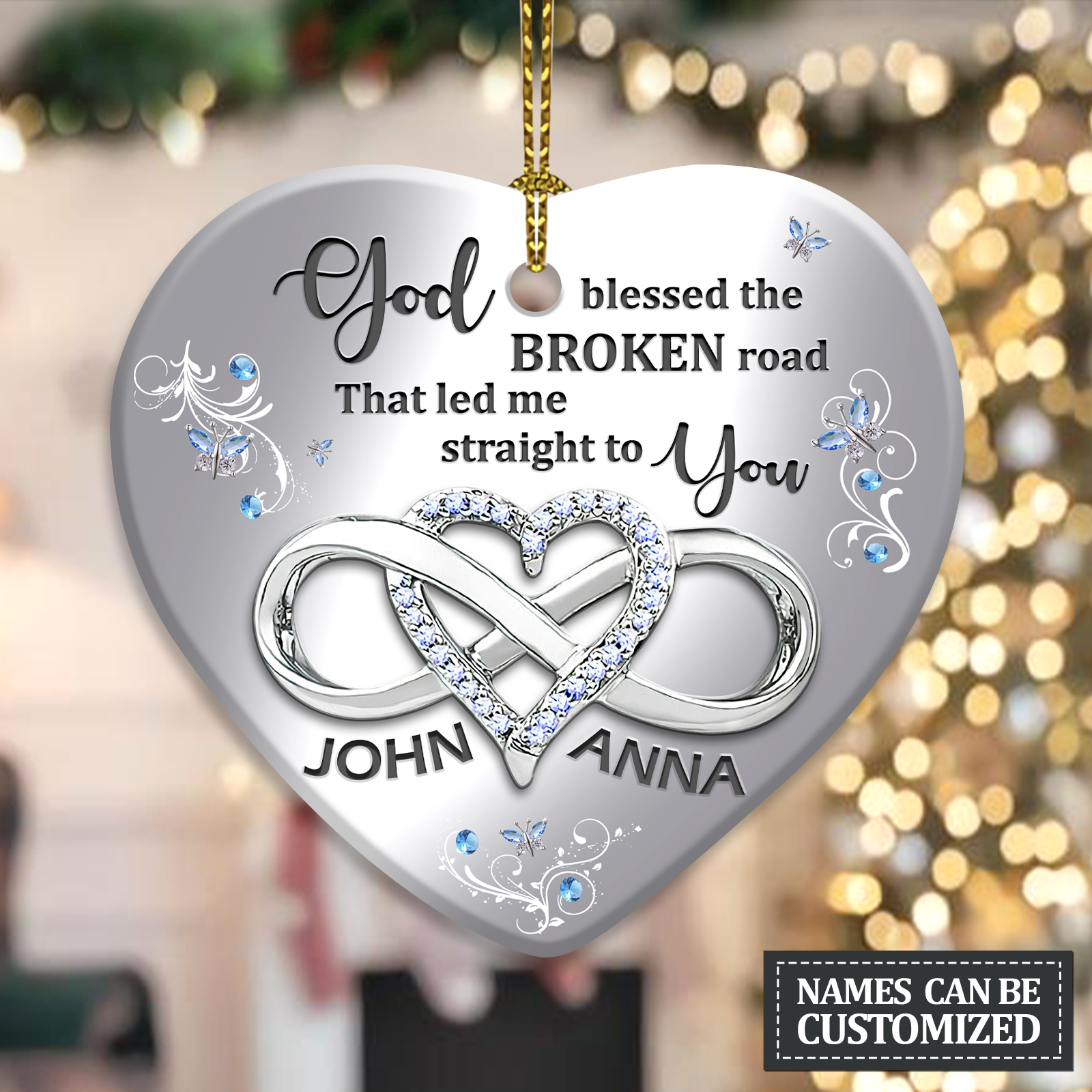 Sparkle Infinity Heart God Blessed Personalized Ceramic Ornament