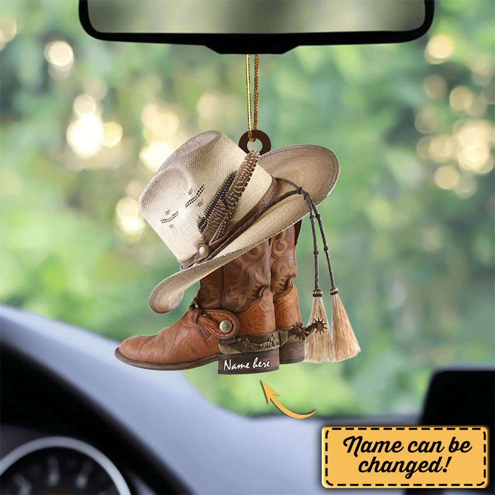 Cowboy Boots Hanging Ornament for Christmas Tree, Cowboy Boots and Hat Car Rearview Mirror Accessories Xmas Decor Personalized Cowboy Boots and Hats