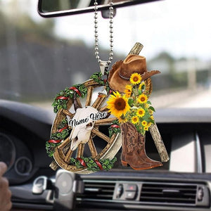 Personalized Cowboy Cowgirl Sunflower Hat Boots Car Hanging Ornament