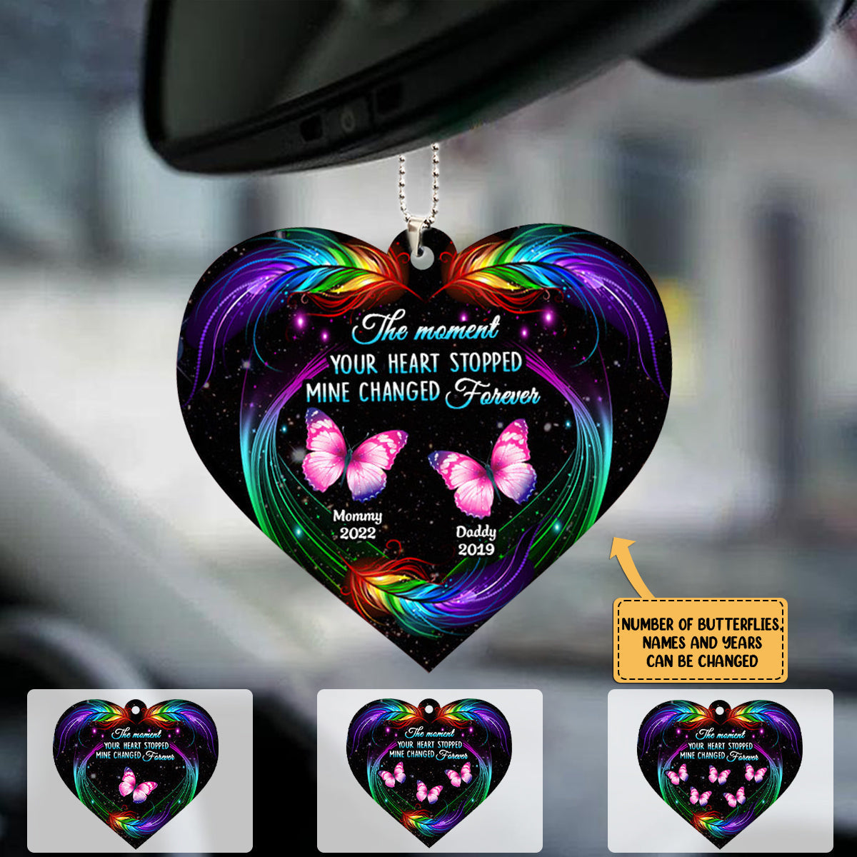 The Moment Your Heart Stopped Mine Changed Forever Butterfly Feather Pattern Memorial Shape Ornament