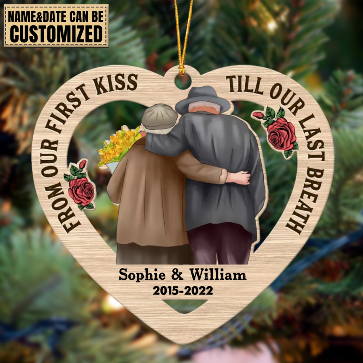 From Our First Kiss Couple Personalized Christmas Wooden Ornament