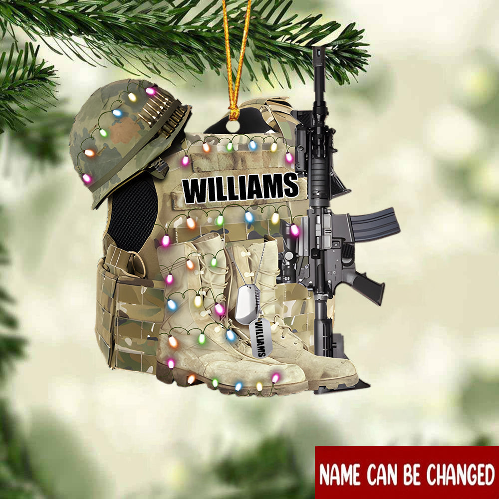 VETERAN BOOTS, BULLETPROOF VEST, HELMET AND GUN with Christmas Light - Personalized Christmas Flat Car Ornament