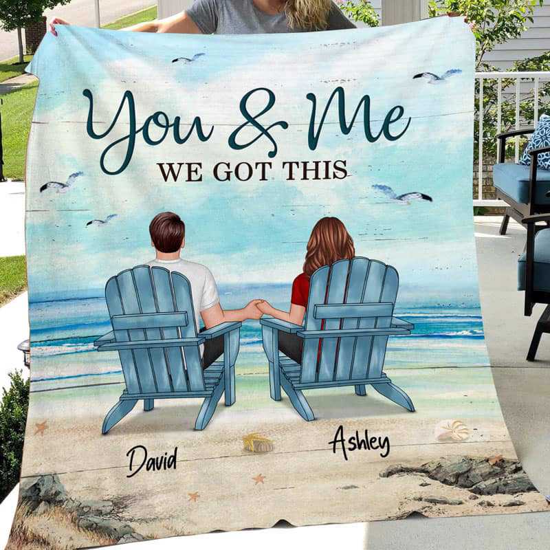 Back View Couple Sitting Beach Landscape Personalized Fleece Blanket