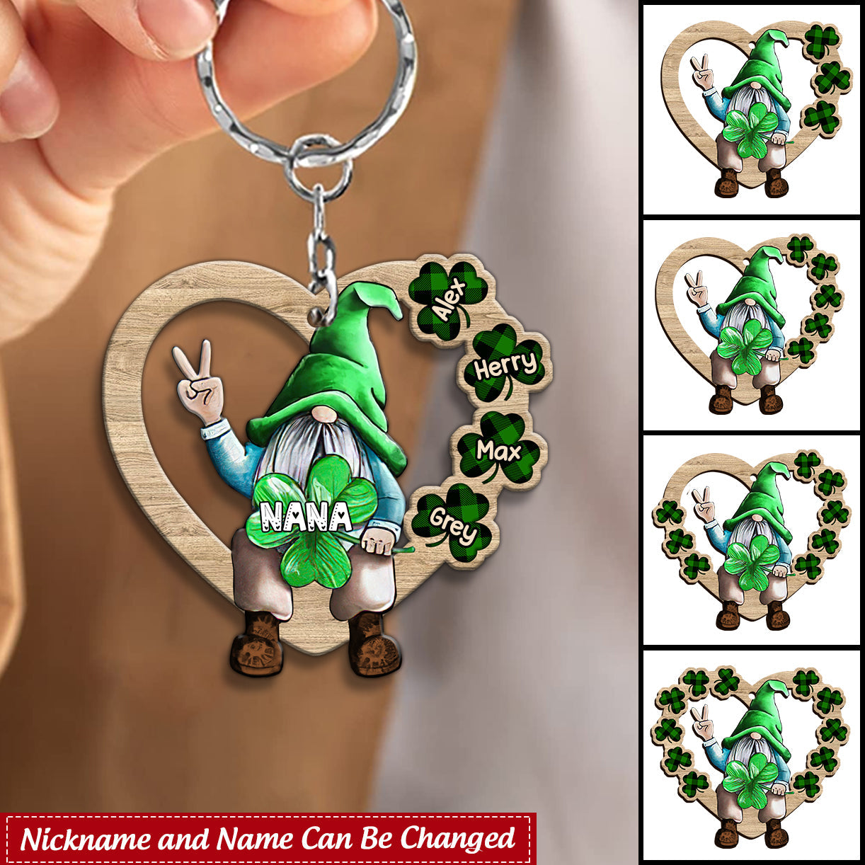 Grandma Mom Leprechaun Kids Shamrock Custom Names Clovers St Patrick's Day Gift Wooden Keychain