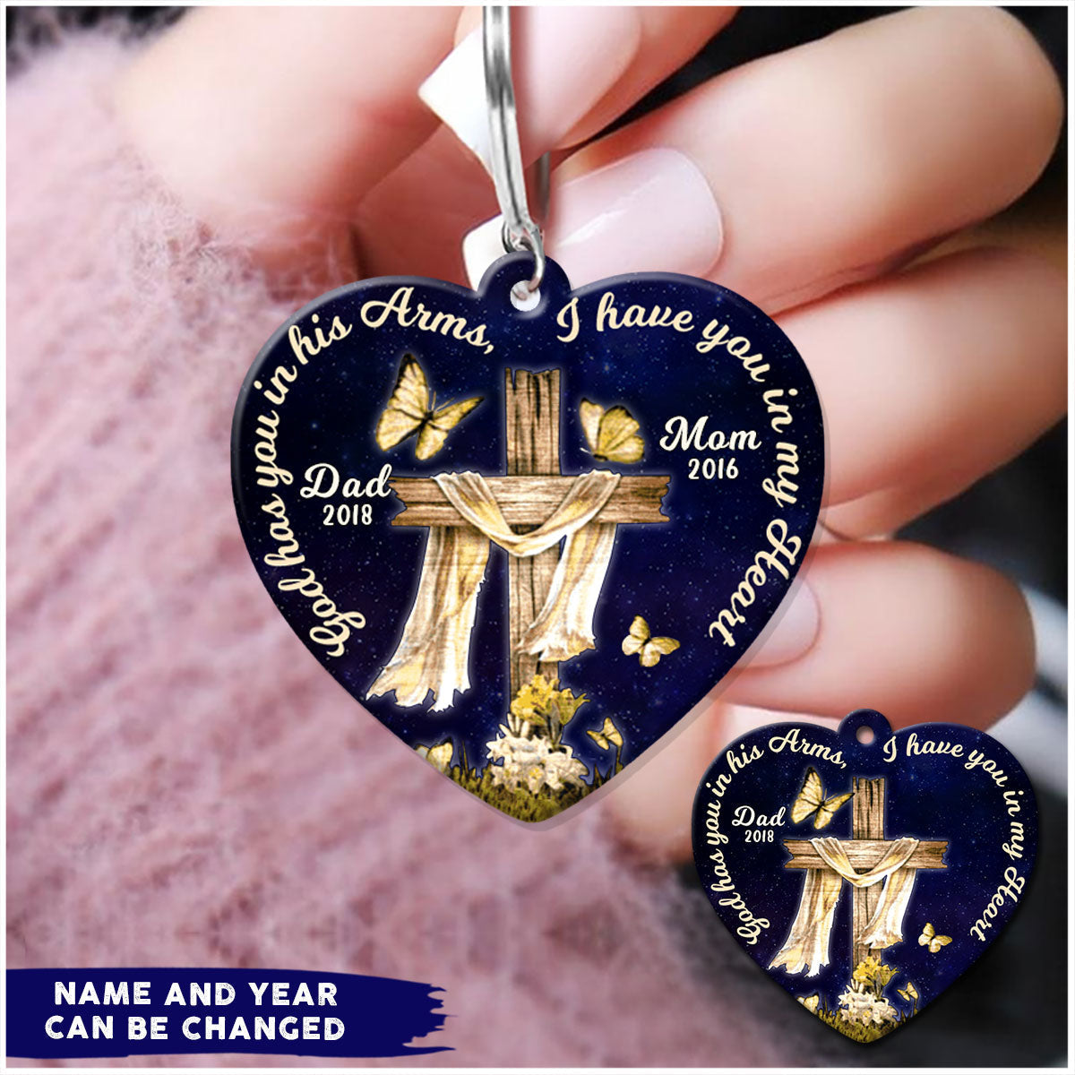 Memorial Gift, God Has You In His Arms, I Have You In My Heart Personalized Keychain