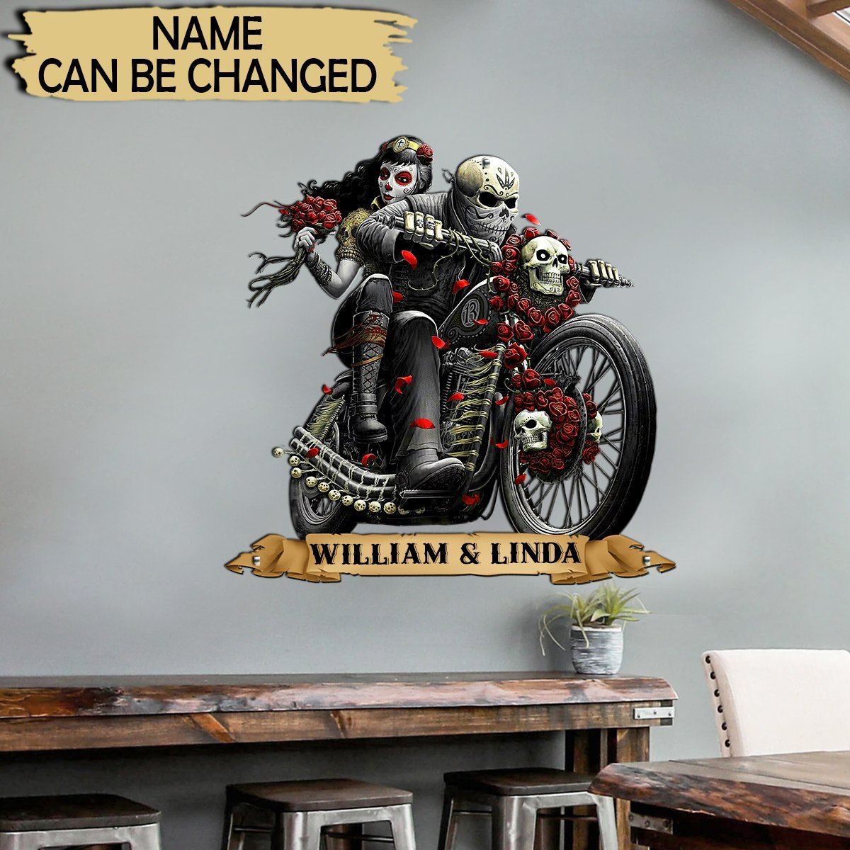 Personalized Skull Couple Motorcycle Cut Metal Sign