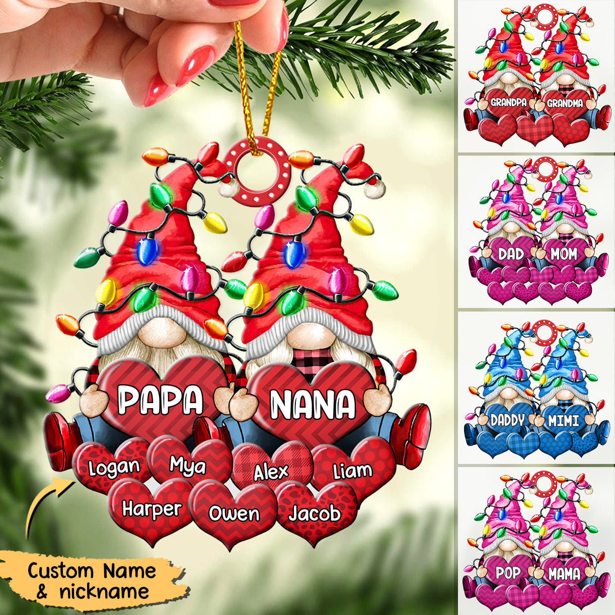 Colorful Christmas Light doll Couple Papa Grandma Nana Daddy Loves Sweet Heart Kids Personalized Ornament