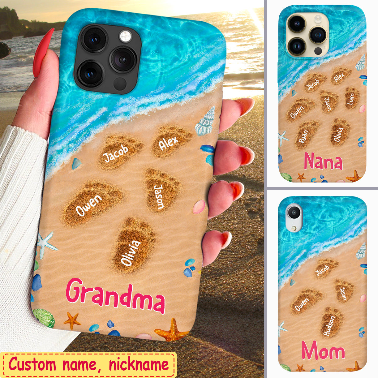 Summer Beach Grandma With Cute Grandkids Footprints On the Sand Personalized Phone case