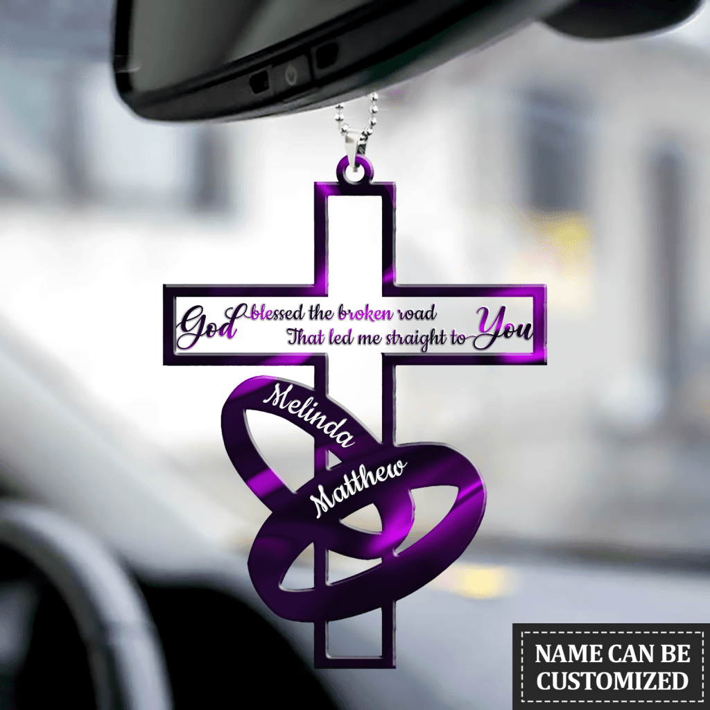 Purple Cross Couple Rings God Blessed Personalized Ornament