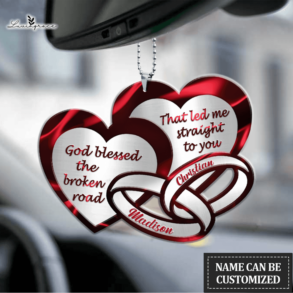 Two Heart Couple Rings God Blessed Personalized Ornament